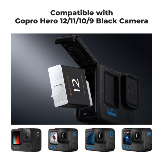 K&F Concept Gopro Hero 12/11/10/9  pack -2 battery + Triple charger